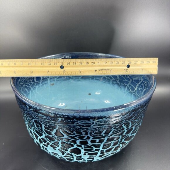1987 Hand Blown Art Glass Large Bowl Dish Lava Glaze Finish Blue Black Signed - Picture 4 of 16